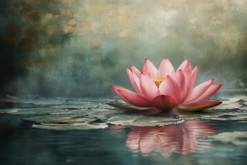 A serene pink lotus flower blossoms on tranquil water in a misty landscape during early morning