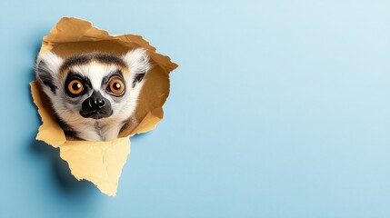 A curious lemur peeking through a cardboard hole against a light blue background, showcasing its distinctive large eyes and playful demeanor in a whimsical moment