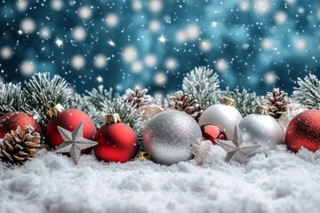  beautiful Christmas background with snowflakes, red and silver ornaments, and white fluffy snow. 