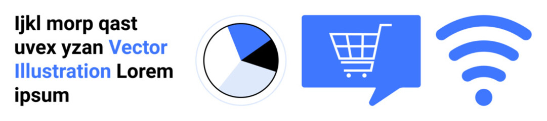 Pie chart with segments in grey, white, blue, black blue shopping cart inside a speech bubble blue wireless signal icon. Ideal for e-commerce, connectivity, data analysis, shopping, online services