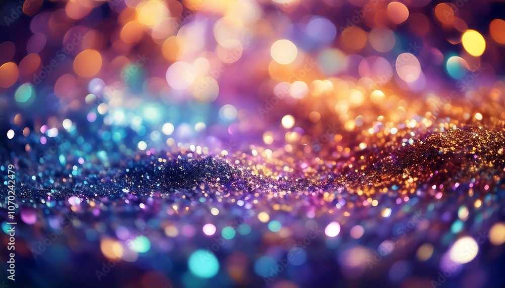 Poster a blurry and abstract background with a shimmering surface of glitter and a colorful bokeh of light.