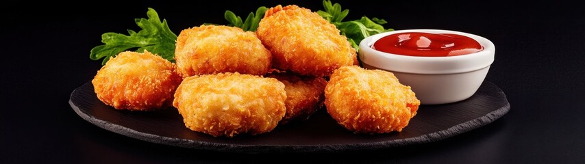 Crispy golden chicken nuggets served with a side of ketchup on a black plate, garnished with fresh greens in a casual dining setting