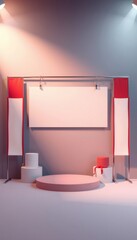 Minimalist product display with pink and white podiums, blank banners, and spotlights.