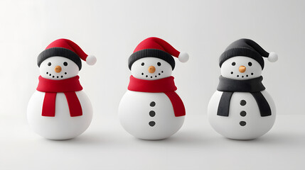 Three Snowmen in Different Hats and Scarves.