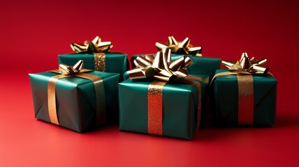 Fototapeta premium Green gift box on red background with top view, decorated with bright gold ribbon and bow. Foil packaging. New Year and Christmas, holiday gifts. Free space for text. Banner with gifts