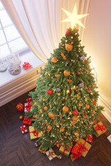A Christmas tree decorated for Christmas, with a star on the top, in an interior with a window outside of which there is a snowy winter. 3d render