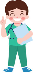 Fototapeta premium Happy Young Doctor Holding Clipboard and Pointing Up