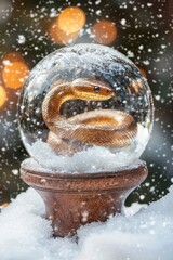 snake in a glass Christmas ball on a stand. selective focus