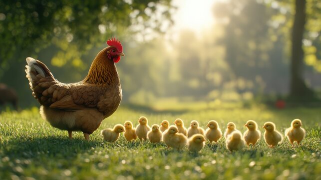 A mother hen guiding her fluffy chicks through a sunlit meadow during a peaceful morning in a rural landscape, showcasing the beauty of nature and family bonds - Powered by Adobe