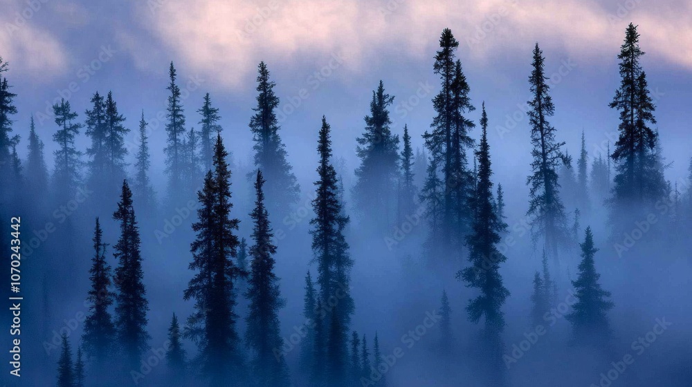 Poster a forest with a foggy sky and tall trees