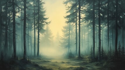 Fototapeta premium A misty forest landscape capturing early morning tranquility, with dense fog among trees and soft sunlight streaming through.