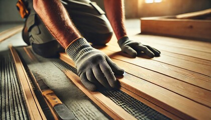 Construction Worker Installing Wooden Floorboards