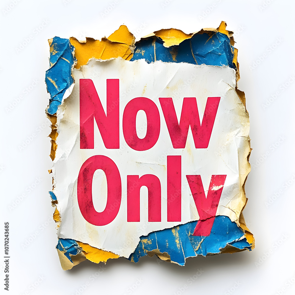 Poster torn paper effect tag with 'now only' in a bright font over the torn edge