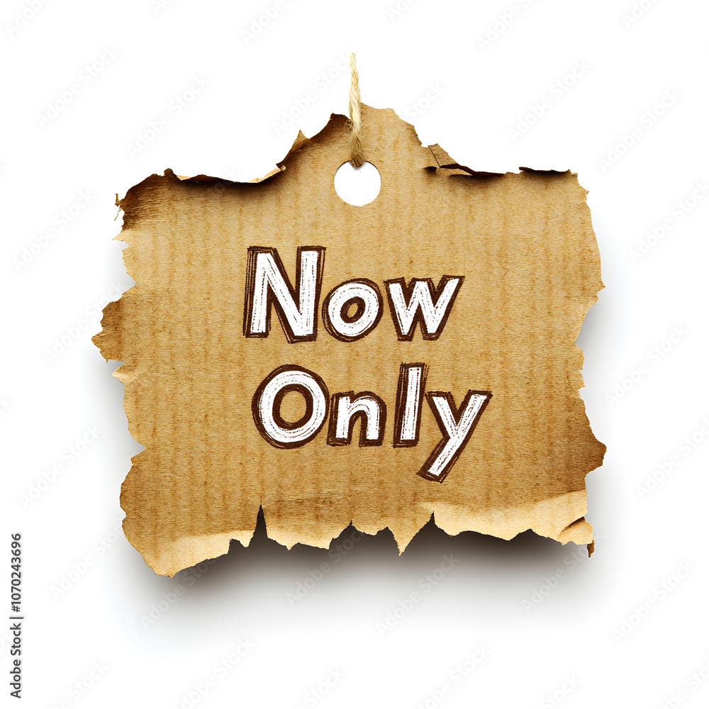 Poster torn paper effect tag with 'now only' in a bright font over the torn edge