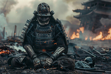 Fototapeta premium Close up portrait of a samurai warrior with a determined look in his eyes generative ai