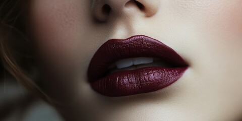 Fototapeta premium Close-up of a person showcasing dark burgundy lipstick, with a soft-focus background emphasizing the rich color and texture, capturing a moment of beauty and self-expression