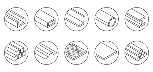 Fototapeta premium Rolled metal and metallurgical products icons in circle shape and thin line