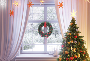 A Christmas tree decorated for Christmas, with a star on the top, in an interior with a window outside of which there is a snowy winter. 3d render