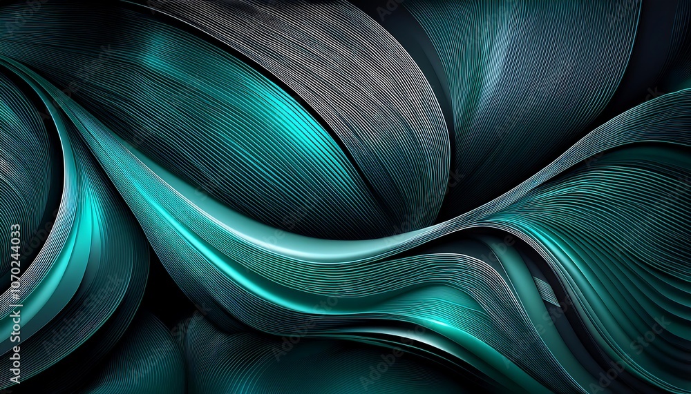 Poster an abstract composition of flowing lines and curves in shades of blue and green, creating a mesmeriz