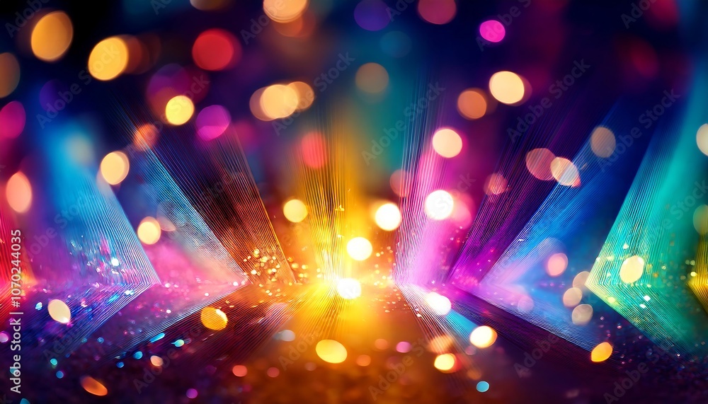 Poster abstract blurred background with shiny glitter texture and colorful bokeh lights.