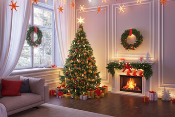 A Christmas tree decorated for Christmas, with a star on the top, in an interior with a window outside of which there is a snowy winter. 3d render