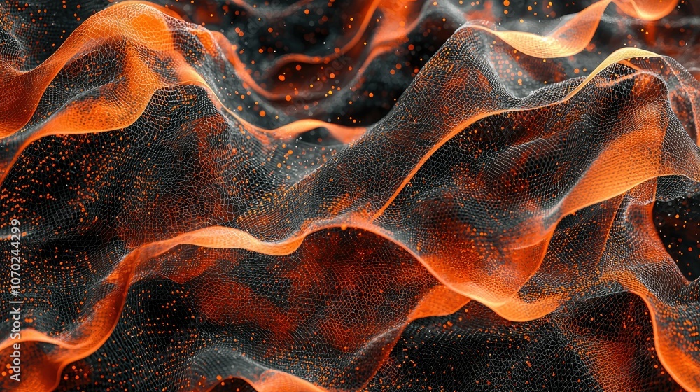 Poster abstract 3d rendering of a wavy surface with glowing orange lines and particles on a black backgroun