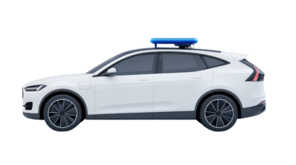 modern white police car with blue light on top, showcasing sleek design and advanced features. Ideal for law enforcement imagery