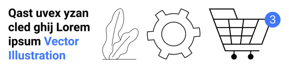 Black and white gear, plant, and shopping cart with blue notification icon 3. Ideal for technology, business, automation, e-commerce, online shopping, notifications, product management. Landing page