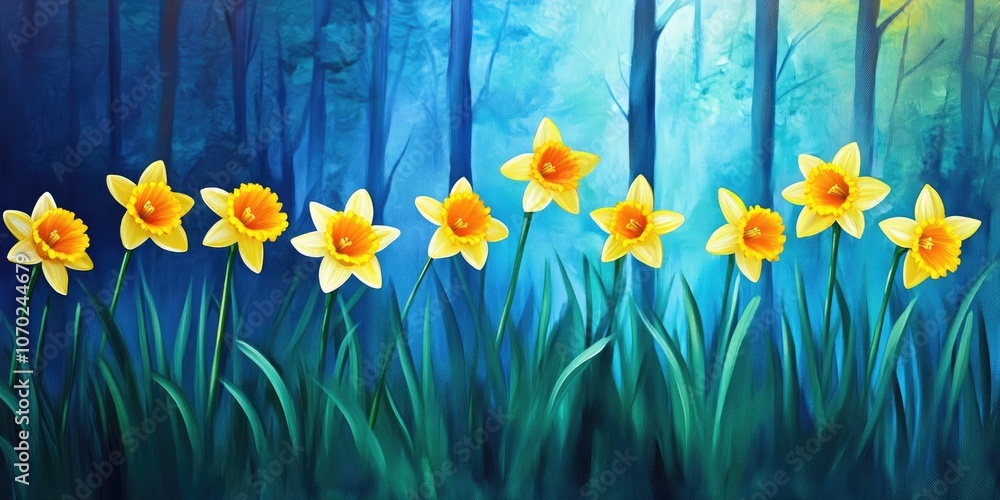 Poster vibrant and colorful daffodil flowers set against a backdrop of the forest and spring scenery.
