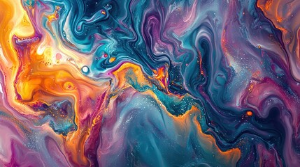 Obraz premium Abstract art with swirling patterns of vibrant colors in blue, purple, orange, and yellow.