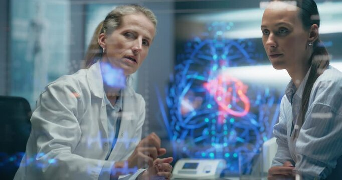 Physician and Patient Analyze a Holographic Body Model. Technology Discussions on Optimizied Health Care, Diagnostic Accuracy. Personalized Treatment Approaches In A Futuristic Healthcare Environment