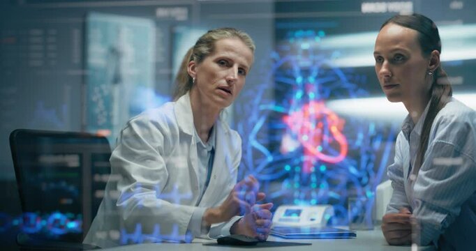Physician And Patient Examine Holographic Body Models. Biosensors And AI-Driven Tissue Mapping Integrate Real-Time Metabolic Markers, Nanoscale Diagnostics, Targeted Biomolecular Intervention Planning