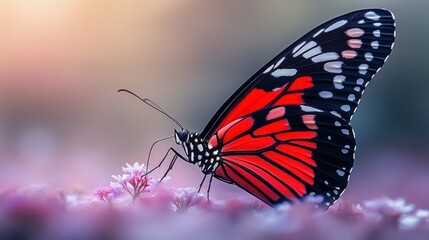 Obraz premium A red and black butterfly with white spots perched on a pink flower.