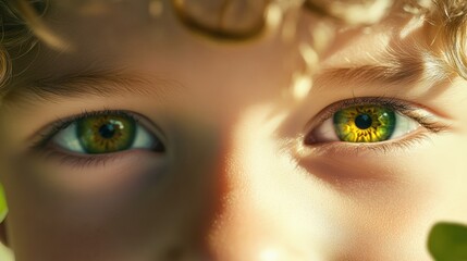 Naklejka premium eyes of a 12 year old, smiled boy. Natural, green eyes color. Blond, curly hair.