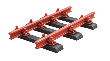 detailed model of railway tracks featuring red rails and wooden ties, showcasing industrial design and engineering. Perfect for transportation themes