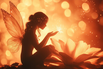 Magical Fairy with Flowing Hair on a Beautiful Flower, Delicately Touching Petals, Sparkling Wings in a Serene Forest with Soft Warm Lighting