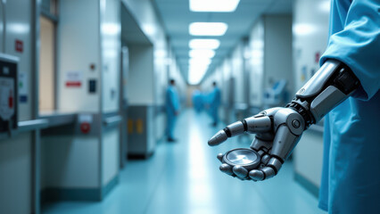 A humanoid robot's arm in a hospital setting with blurred medical staff, indicating advanced technology integration in healthcare.