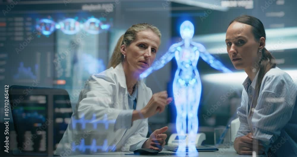Poster doctor and patient discussing diagnosis, using anatomical holograms. ai processes biometrics, genomi