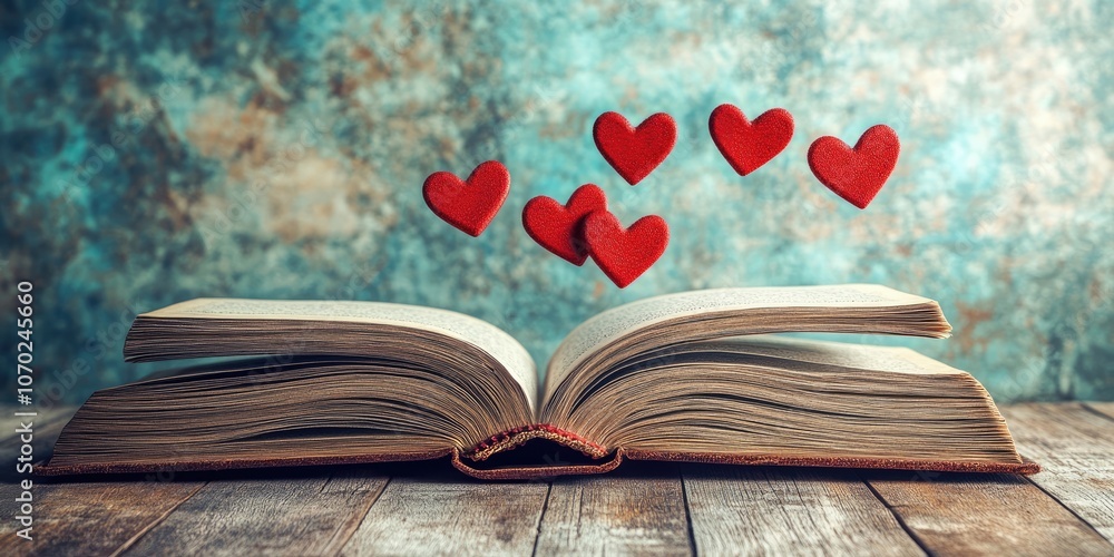 Poster valentine's day backdrop featuring an open book with heart-shaped pages.