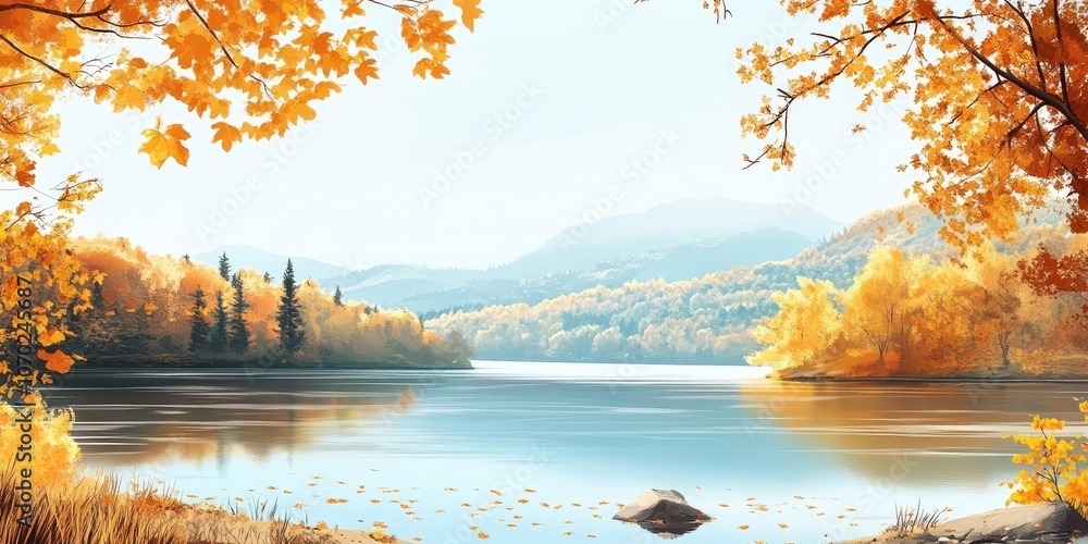 Poster autumn scenery featuring a reservoir amidst golden foliage. natural backdrop with copyspace for text