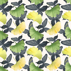 Ginkgo vibrant green yellow falling leaves, black butterfly wings seamless pattern on cream background. Hand-painted detailed textured watercolor perfect for textile, scrapbook paper, packages designs