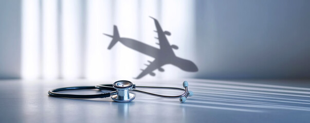 Medical tourism and travel insurance concept or traveling doctor idea as a flying stethoscope casting a shadow of an airplane