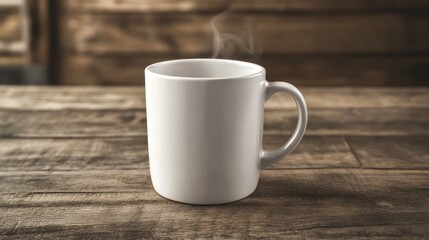 Obraz premium A white cup filled with hot coffee sits on a wooden table, surrounded by a warm, softly lit atmosphere. Steam rises from the cup, creating a comforting and inviting scene.