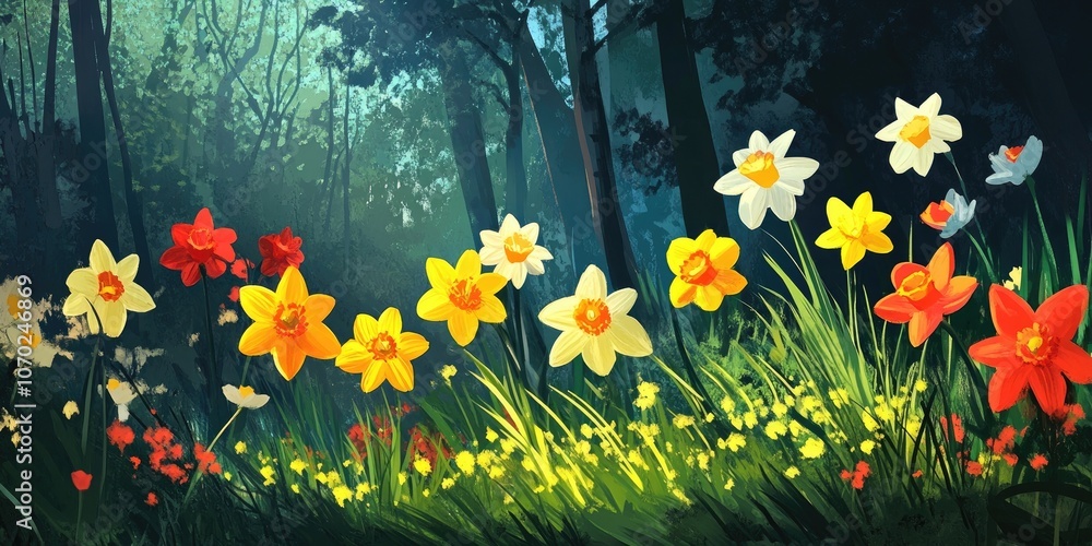 Poster vibrant and colorful daffodil flowers set against a backdrop of the forest and spring scenery.