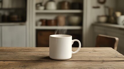 Fototapeta premium A white cup filled with hot coffee sits on a wooden table, surrounded by a warm, softly lit atmosphere. Steam rises from the cup, creating a comforting and inviting scene.