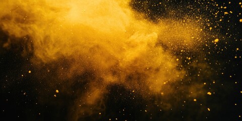 Obraz premium Abstract powder splatter background, freeze motion of yellow powder bursting/throwing color powder, yellow glitter texture.