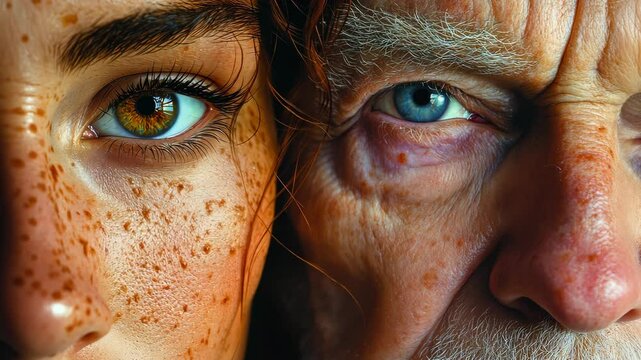 Young woman and senior man staring close up