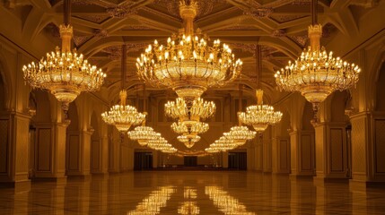 Obraz premium A grand hall adorned with multiple ornate chandeliers, exuding elegance and warmth.
