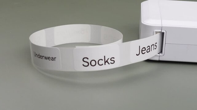 Label printer printing organizational labels for home decluttering, organization and space optimization. Categories like Jeans, T-Shirts, Socks, Underwear for boxes or shelves for closet, and drawer.