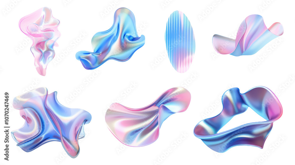 Poster vibrant abstract 3d liquid forms isolated on transparent background. fluid glossy colorful shapes